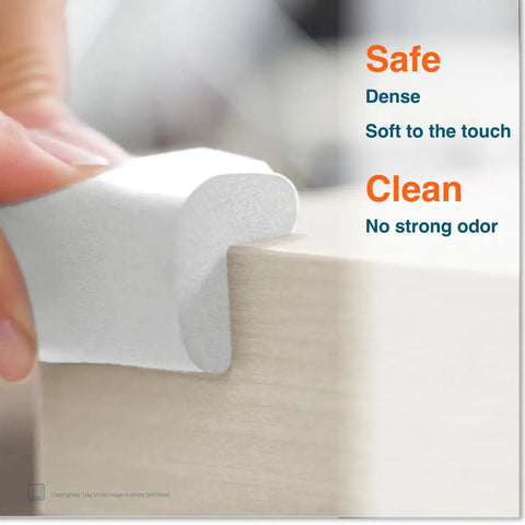 Heavy Duty Baby Proof Corner Protectors With No Fuss Pre Tape, Premium Thick Rubber Foam Edge Guards adheres to furniture corner.