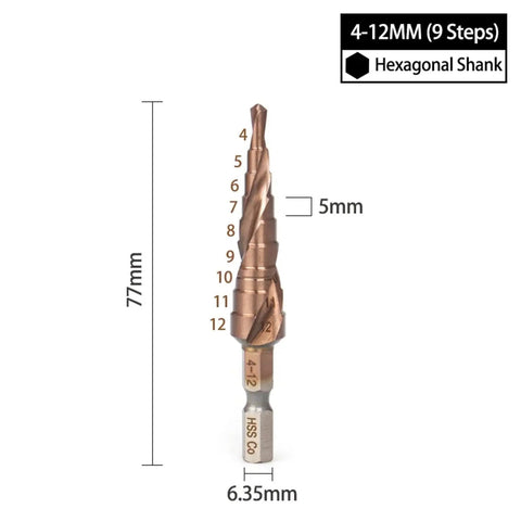 Heavy Duty Hss M35 Cobalt Step Drill Bits Set For Stainless Steel And Metal Sheets With Sharp Spiral Grooves, Hex Shank Design, Makes Fast Precise Hole Cutting Like A Boss No Stress Needed At All. 4-12mm step drill bit with 6.35mm hex shank