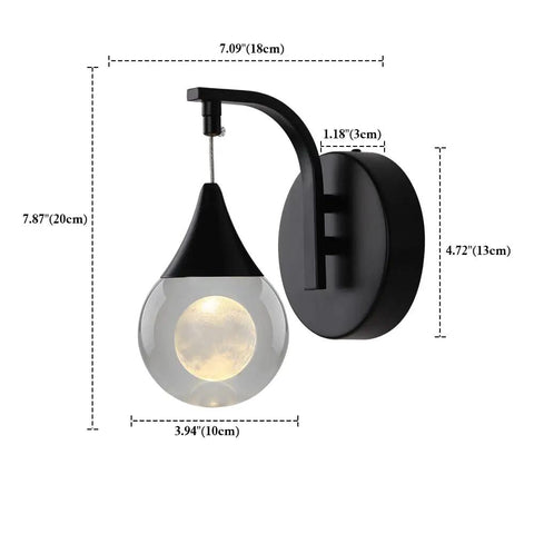 Moon Crystal LED Wall Sconce With Dimmable 5W Light size details in modern matte black with crystal globe and lit moon effect.