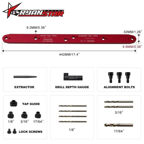 Precision Exhaust Manifold Drill Template Compatible With Chevy LS 4.8L 5.3L 6.0L V8 Engines aluminum kit with drill guide and tools.