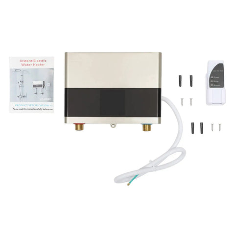Slick 4000W Tankless Mini Electric Water Heater Featuring Constant Temperature Technology And Convenient Wireless Remote Control, components and installation guide.