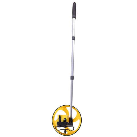 Baxnore 8 Inch Measuring Wheel with 0 9999.9 Meter Telescopic Pole, featuring a yellow wheel and adjustable aluminum rod.