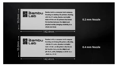 Comparison of 0.2mm and 0.4mm nozzles on Bambu Lab prints, showing dimensions and print clarity for high temp precision printing.