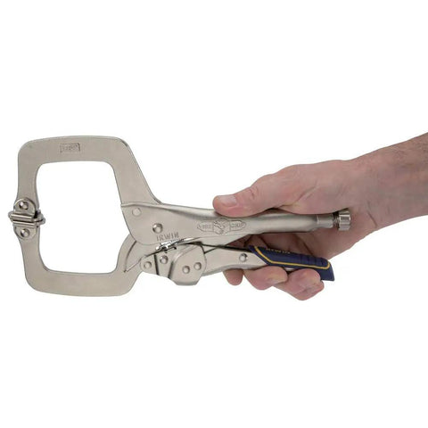 Person holding Fast Release Welding Pliers With Swivel Pads 11 Inch Locking Pliers C Clamp For Metal Fabrication Wide Opening Jaws