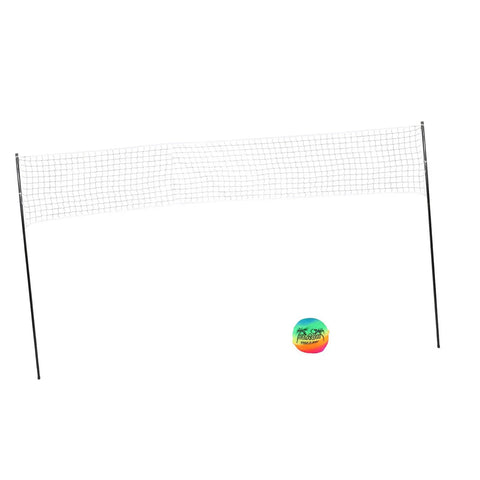 Portable Beach Volleyball Set With No Sag Net System, Pro Grade Steel Poles, and colorful ball on white background