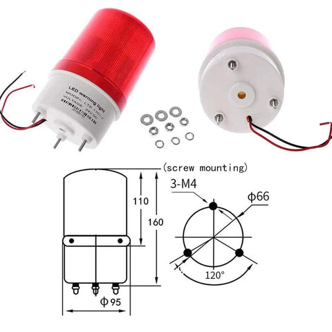 Top Shelf Industrial Led Rotating Strobe Beacon Warning Lamp showing red LED light and screw mount specifications for safety alerts.