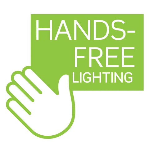 Green illustration with text 'Hands-Free Lighting' and a white hand symbol, promoting motion sensor technology.