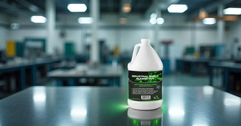 1 gallon Green Cutting Coolant For Plasma Cutters And CNC Cutting Tables in workshop setting on metal surface
