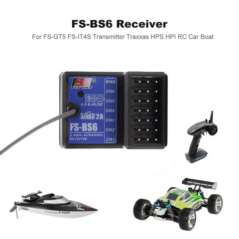 Six Channel RC Transmitter With FS-BS6 Receiver For Cars And Boats, Flysky Ready; shown with model car and boat