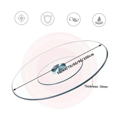 Twenty Seven Inch Tempered Glass Lazy Susan Round Kitchen Turntable Buttery Smooth Swivel Rotating Tray Clear Non Scratch Glide Heavy Duty Dining Setup close up showing 10mm thickness and measurement markings.