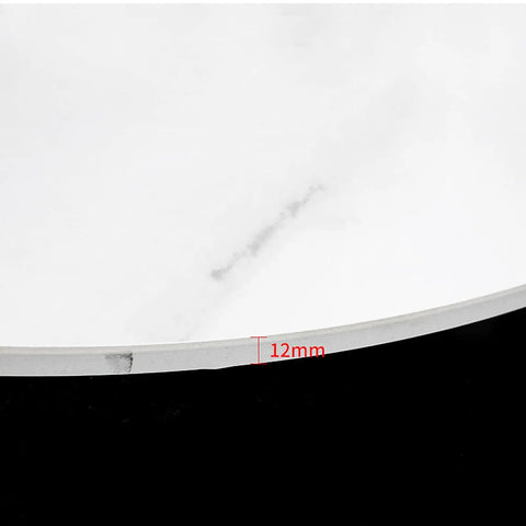 Close-up of 12mm thick edge of Large Round Marble Lazy Susan 12mm Thick 31.5 Inch Rotating Serving Turntable Smooth As Butter Spin Built Tough Dining Base White Streak Design Real Deal Kitchen Staple.