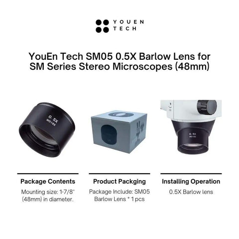 0.5x Barlow Lens For SM Series Stereo Microscopes 48mm Mount, Doubles Working Distance And Field Of View, Ideal Upgrade For SM And SW Microscopes, Delivers Clear Pro Grade Viewing And A Slick Setup. 48mm mount, black lens.