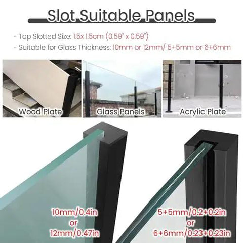 Top Tier Black Glass Railing Kit With Stainless Steel Deck Support showcasing slot suitable panels for glass thickness options.