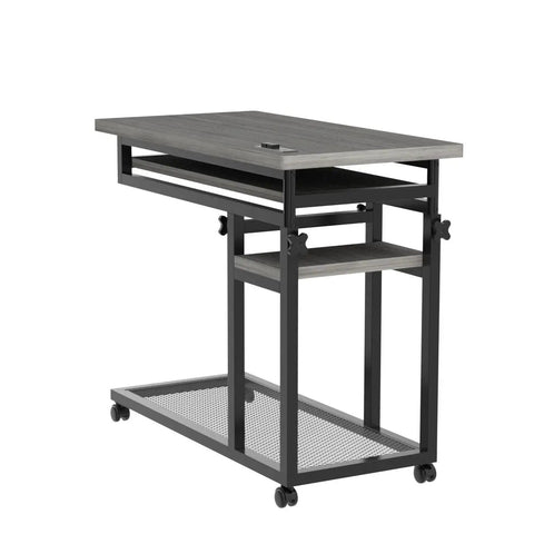 Small Portable Desk With Built In Outlet And USB Ports For Couch Or Bedside Use Height Adjustable Laptop Table On Wheels Mobile Standing Desk Rolling Cart Side Table With Charging Station For Easy Device Access, grey finish, lockable wheels, adjustable height.
