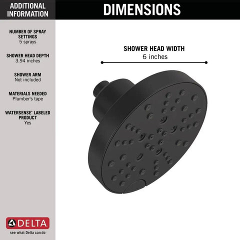 5 Spray Matte Black Shower Head With H2Okinetic Technology, Rain Can Round Shower Head, 6-inch diameter, water saving