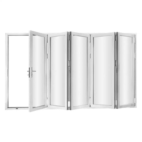 Five Panel Aluminum Folding Glass Door In White With Low E Tempered Glass And Heavy Duty Rollers, partially open showing smooth transition.