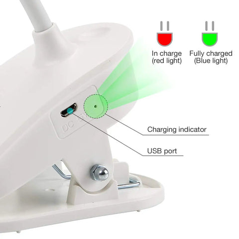 Clip On Bedside Reading Lamp With USB Rechargeable Battery, 18 LED Eye Friendly Light showing USB port and charging indicator