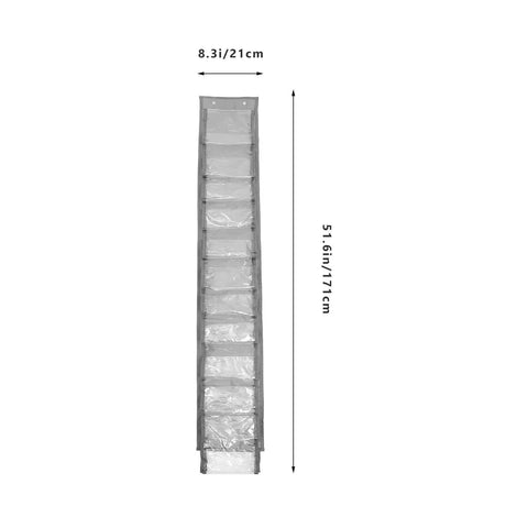 Vertical grey double sided hanging clothes organizer bag measuring 51.6in x 8.3in for easy closet storage.