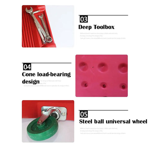 Built Different Mechanic Rolling Creeper With Ergonomic Padded Headrest showing deep toolbox, cone load-bearing design, and steel ball universal wheel.