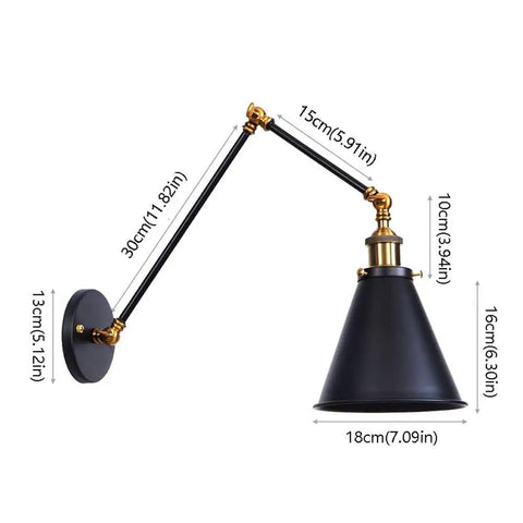 Heavy Duty Metal Swing Arm Wall Sconce With Slick Black Finish And Smooth Swivel Joint For Cozy Bedroom Reading And Chill Hallway Ambiance That Drops Major Style Points On Any Wall, detailed dimensions shown.