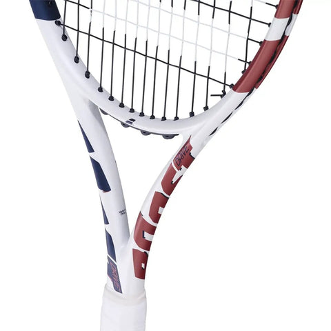 Close-up view of Boost Drive Strung Tennis Racquet for Beginners with Lightweight Graphite Frame and White Finish, 4 1 8 Inch Grip.