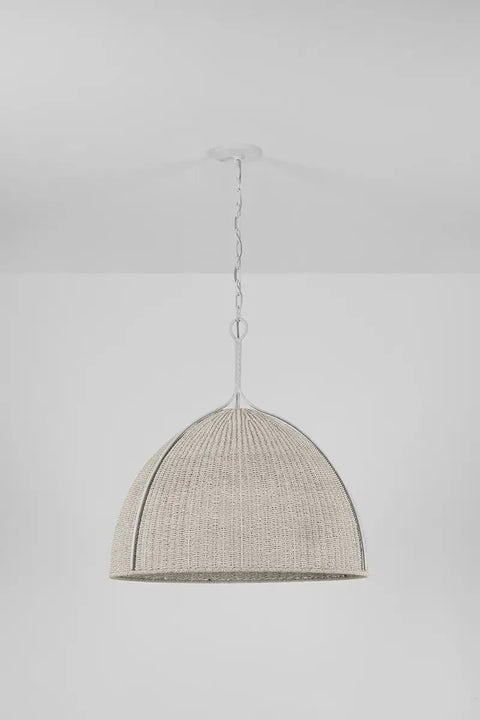 Top Shelf One Light Handwoven Dome Pendant Lamp With Vintage Gold Leaf Finish Heavy Duty Steel Customizable Hang Height Damp Rated Bathroom Ceiling Fixture Slick Organic Vibe For Any Space hanging above a white ceiling.