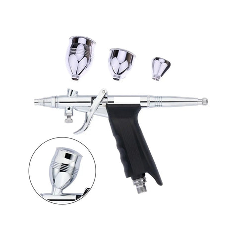 Slick Dual Action Pistol Trigger Spray Gun And Airbrush Kit Featuring Ace 0.3mm 0.5mm 0.8mm Tips with chrome cups and ergonomic grip.