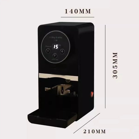 Straight Up Solid Automatic Coffee Tamper For Espresso Machines 58Mm Adjustable Pressure Hits 5 To 30 Lbs Stainless Steel Auto Sensor Zero Hassle Clean Home Barista Setup White shown in black with dimensions.