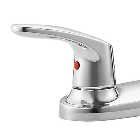 Close-up of handle on Two-Handle High Arc Kitchen Faucet Colony Pro 8-Inch Triple-Hole Mount ADA Compliant Lead-Free Polished Chrome