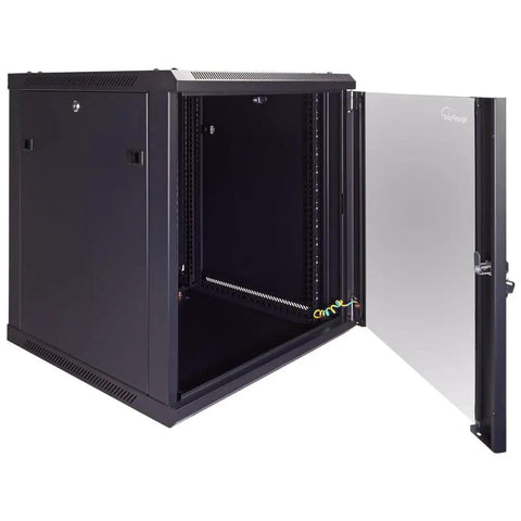 12U Wall Rack Server Cabinet With Dual Cooling Fans Locking Glass Door And Removable Sides, open view showing secure storage space.