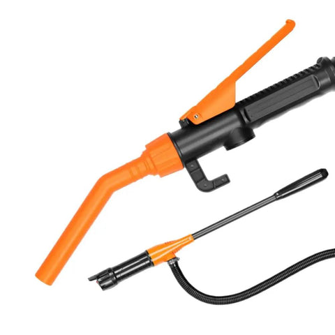 Compact Portable Liquid Transfer Pump For Automotive Use with orange handle and flexible hose for easy fluid handling.