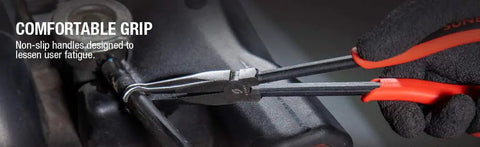 7 Piece Long Reach Pliers Set With Non Slip Comfort Grips And Red Handles in use gripping fastener in tight spot