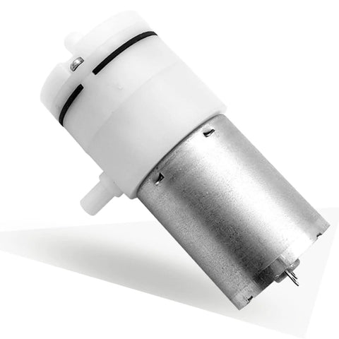 DC 12V micro air pump motor with white plastic top and metal cylindrical body.