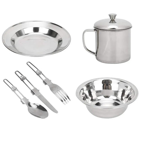 Solo Camping Stainless Steel Outdoor Tableware Set with rustproof mess kit including plate, bowl, cup, and utensils shown on white background.