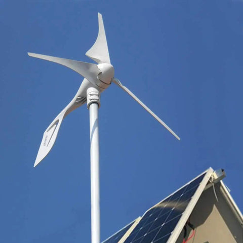 Wind Turbine Generator 400W 12V With Three Blade Nylon Carbon Fiber Blades For Home Use, Low Wind Speed Starting At Two Point Five Meters Per Second, Includes Charge Controller And Efficient Windmill installed on rooftop