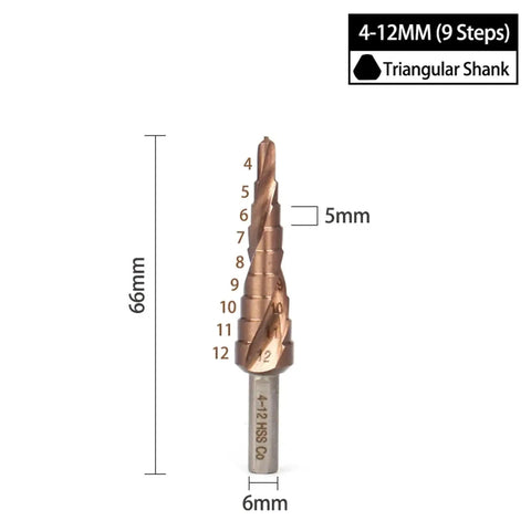 Super Sharp Hss M35 Cobalt Step Drill Bits Set For Stainless Steel And Metal, High Speed Spiral Flute Design With Hex Shank, Perfect For Heavy Duty DIY Projects And Precision Hole Cutting Tasks Like A Boss. 4-12mm 9-step triangular shank drill bit, 66mm long