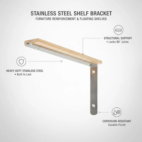 Heavy Duty Stainless Steel L Bracket Corner Brace For Floating Shelves And Furniture Reinforcement, 90 Degree Locking, 5.9 By 3.9 Inch, showcased with structural support features.