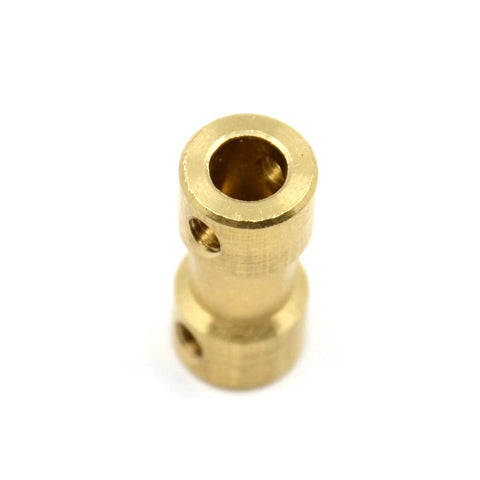 Brass shaft coupling connector with set screws for 5mm motor shaft; close-up view