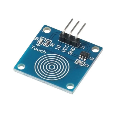 Front view of a TTP223B capacitive touch sensor module, blue PCB with touch input, for Arduino projects, 10 Pack Capacitive Touch Sensor Modules TTP223B Digital Proximity Switches For Arduino Projects Jog Type, Low Power, 2 To 5.5V DC, Plug And Play Hookup, Battery Friendly, Ideal For DIY Electronics.