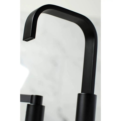 Matte Black Widespread Bathroom Faucet With Pop Up Drain, Solid Brass Construction, close-up of spout design, NuvoFusion Style.