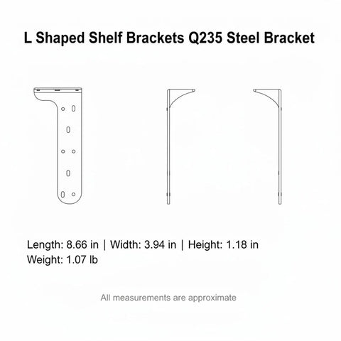 Diagram of Beefy L Shaped Wall Mount Bracket For Floating Shelves And Cabinets White Q235 Steel Shelf Support showing dimensions