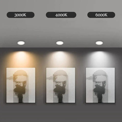 Dual Head LED Downlight Kit 6 Pack With Matte Black Baffle Trim, Slick Recessed Ceiling Spotlights, Smooth Aluminum Housing For Clean Indoor Vibe, Neutral Light Glow, No Sweat Install displaying 3000K, 4000K, 6000K light hues.