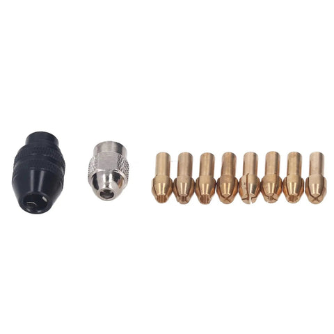 Super Cool Hilitand Brass Drill Chuck Adapter With Keyless Design And Eight Sweet Collet Sizes From One Thirty Second To One Eighth Inch For Woodworking And Engraving Projects That Are Totally Awesome, featuring eight brass collets and adapter.