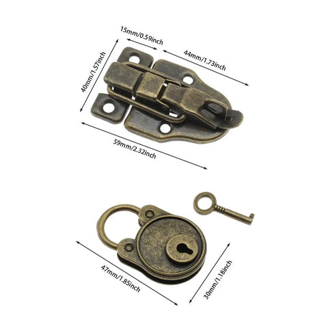 Two Pack Old School Duckbilled Toggle Hasp Latch Kit in Bronze Finish for Jewelry Boxes, measurement details shown