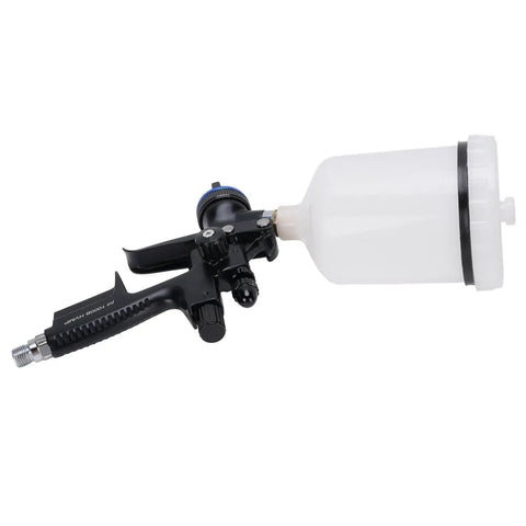 Pro Grade HVLP Paint Sprayer Gun With 600 ml Cup and 1.3 mm Nozzle, showing nozzle and cup for detailed spraying