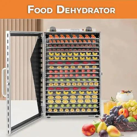 Top Tier Commercial Food Dehydrator With Heavy Duty Stainless Steel Trays filled with dried fruits and vegetables, open door view.