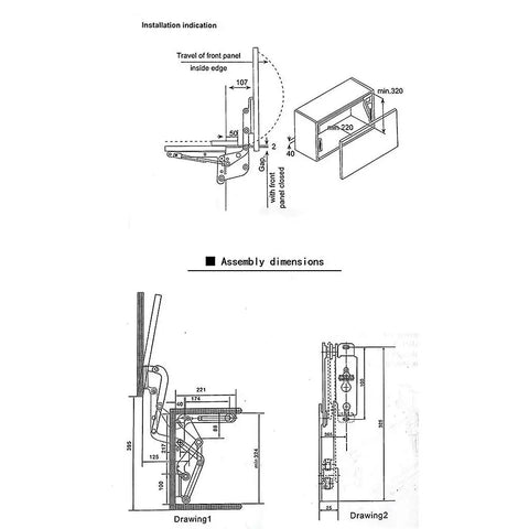 Technical diagram of Translational Lift Up Cabinet Door Hinge With Pneumatic Lift Mechanism installation and dimensions.