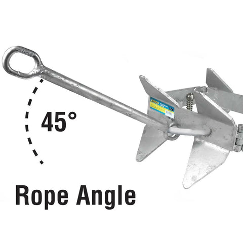 Hot-Dipped Galvanized Fold-and-Hold Boat Anchor, 25 Lb, Quick-Set and Lock in Any Bottom, showing 45-degree rope angle