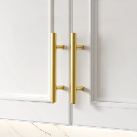 15 Pack 4 Inch Gold Cabinet Handles Set Brushed Gold Stainless Steel Drawer Pulls on white cabinet doors