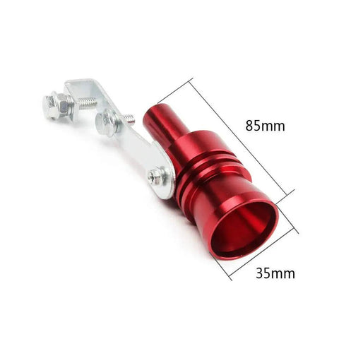 Close-up of Turbo Whistle Exhaust Pipe With Oversized Roar For Cars Red Aluminum Muffler Sound Mod XL Car Accessory, 85mm x 35mm